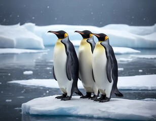 Naklejka premium A realistic photo of emperor penguins standing on an ice floe with snow falling