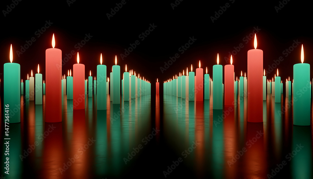 Poster rows of teal and red candles illuminate a dark, reflective surface, creating a serene and symmetrica