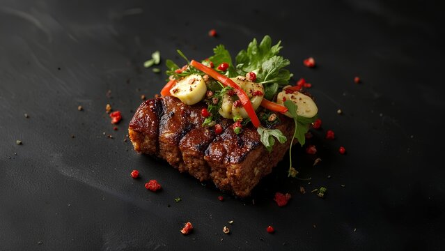 A grilled steak garnished with herbs, sliced garlic, and red pepper on a dark surface, presented in a gourmet style.