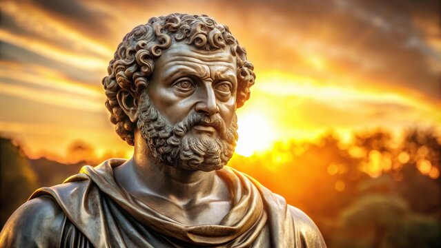 Ancient Greek bronze statue of Demokritos with intricate facial features and ornate clothing