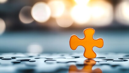 A single golden puzzle piece on a blue surface.