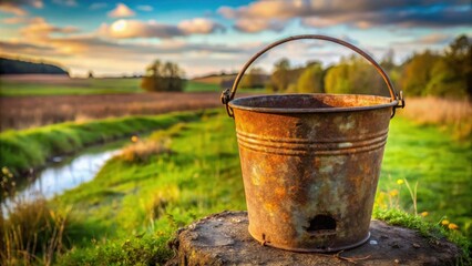 Fototapeta premium Old metal bucket with rust and a hole in it
