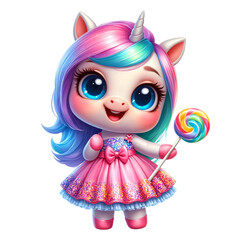 Cute animation. Unicorn girl baby with lollipop in hand. Glitter dress. Cartoon Funny Illustration. 3D. Character.  Advertising Print. Animals