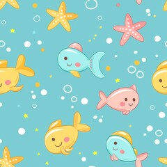 seamless pattern of pastel-colored cartoon fish and starfish on a soft aqua blue background