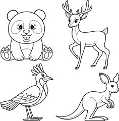 Obraz premium Set of cute cartoon animal illustrations in black and white line art, perfect for coloring pages. Includes adorable panda, graceful deer, exotic bird, and charming kangaroo.