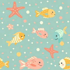 seamless pattern of pastel-colored cartoon fish and starfish on a soft aqua blue background