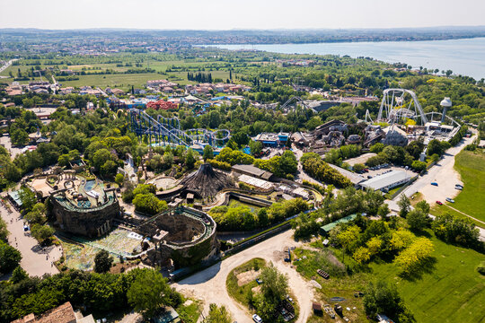 Aerial drone view of an amusement park Gardaland at Lake Garda, Italy. Amazing view of theme park Gardaland in Italy