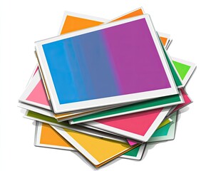A stack of colorful photographic prints, various shades of vibrant hues.  The prints are layered and overlapping, creating a visually dynamic arrangement against a white background