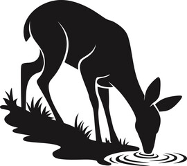 Silhouette of a deer drinking water from a pond or lake, illustrated in black and white style. 