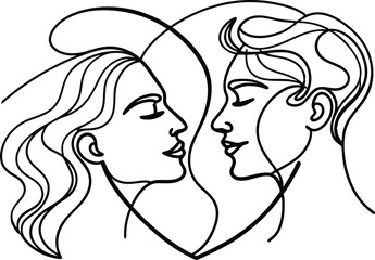 Elegant continuous line art depicting two faces in love symbolized by heart shape