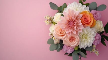 Beautiful Floral Arrangement on Soft Pink Background with Greenery
