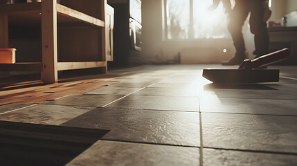 Person Laying Tile in a Room with Natural Light