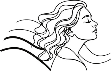 Elegant minimalist line art portrait of a woman with flowing wavy hair in profile