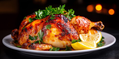Fototapeta premium Roasted Whole Chicken with Herbs and Lemon on Plate 
