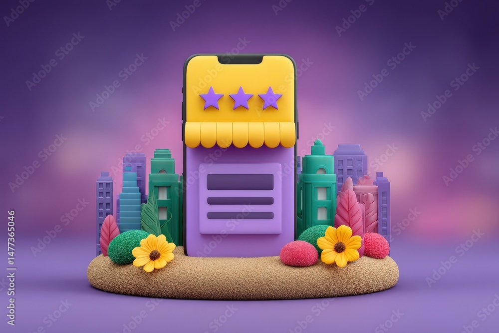 Poster vibrant mobile application platform showcased with colorful urban architecture and playful floral el
