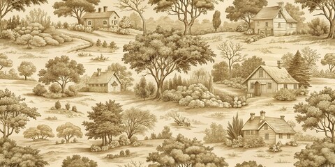 Seamless vintage toile pattern with countryside landscapes in sepia and beige tones on cream background