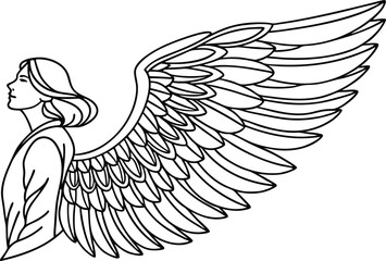 Elegant black and white line art depicting an angel with detailed wings