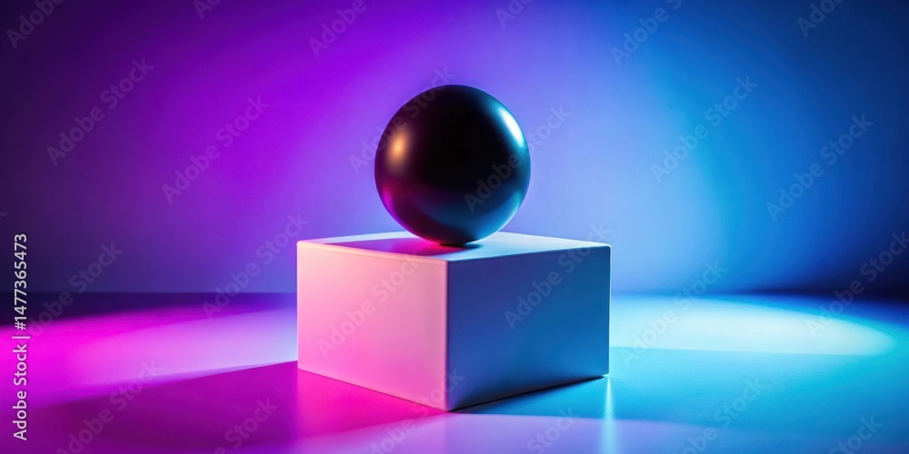 Poster a dark sphere rests atop a pristine white cube, illuminated by vibrant purple and blue lighting, cre