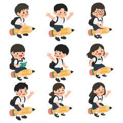 Set of Illustrations of School Kids Riding Giant Pencils