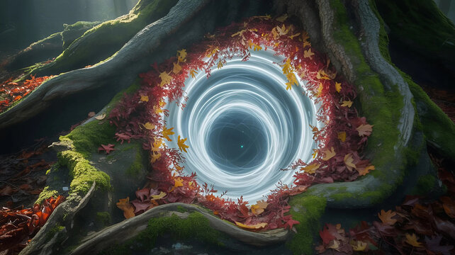 Mystical Autumn Portal: A swirling light vortex nestled within ancient tree roots and surrounded by vibrant fall foliage.