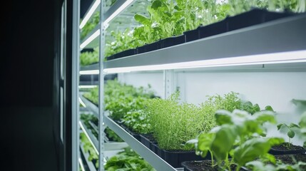 Indoor vertical garden showcasing vibrant herbs and leafy greens under bright LED lights