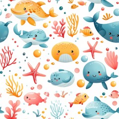 seamless pattern of playful marine animals, bright coral reefs, and bubbles, kawaii pastel style
