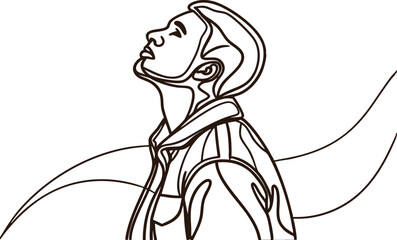 Elegant black and white line art illustration of a man looking upward with calm expression