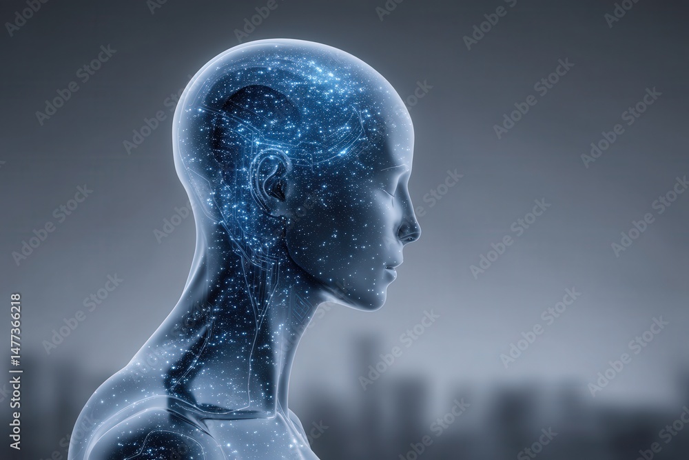 Poster artificial intelligence concept showcasing a translucent humanoid figure filled with stars and cosmi