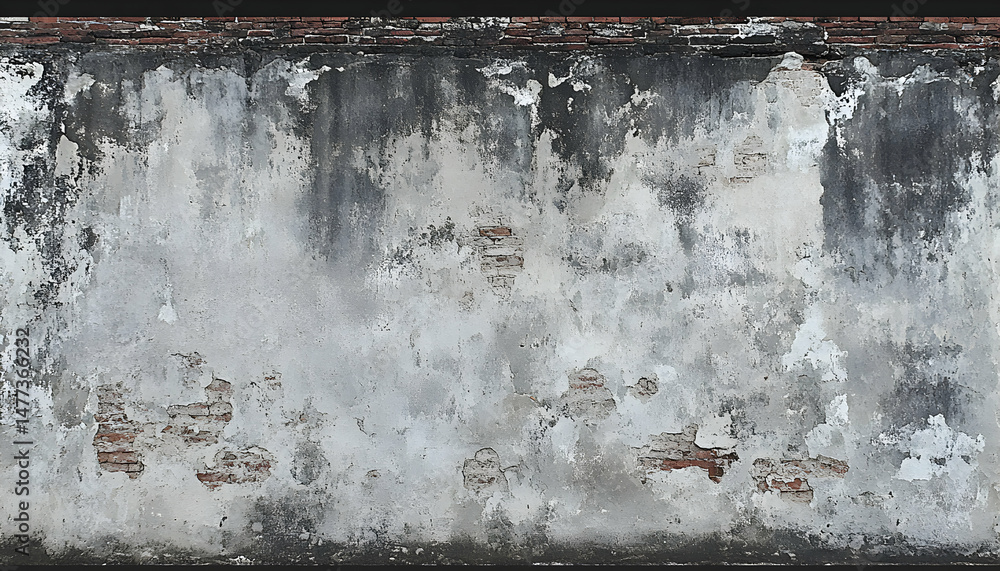 Poster weathered grey wall texture with exposed brick, ideal for backgrounds and design projects. authentic