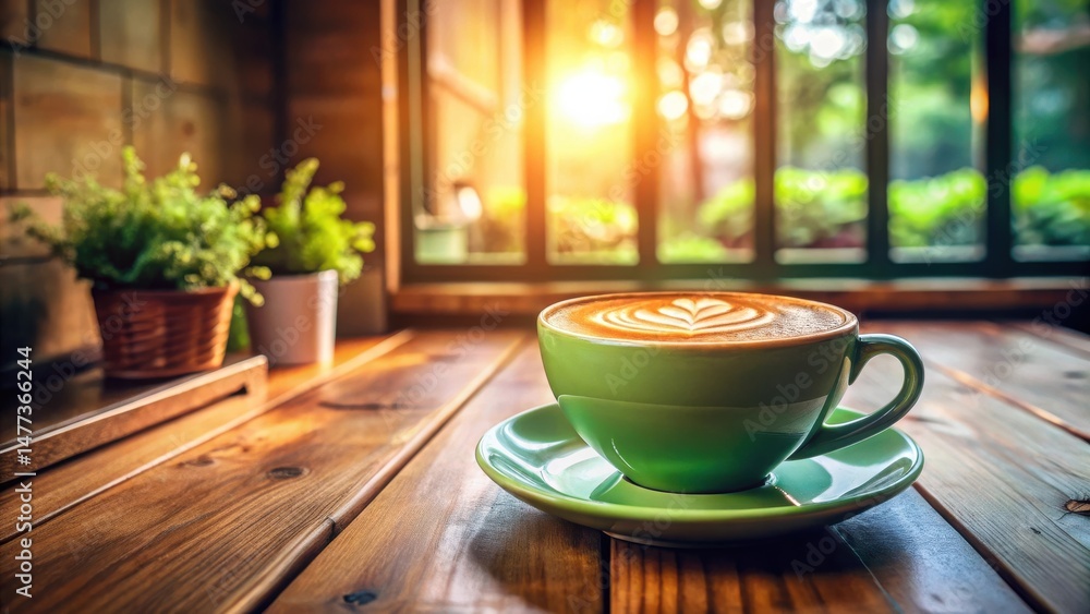 Poster aromatic latte art in a green mug on rustic wood table near window with sunbeams