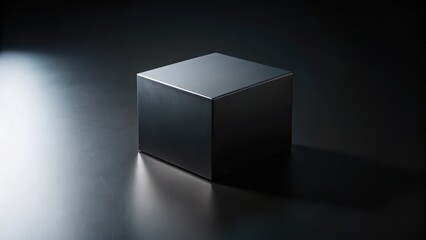 A black cube is placed on a sleek