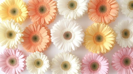 Fototapeta premium Colorful gerbera daisies arranged on white background, floral pattern, spring