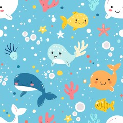 seamless pattern of playful marine animals, bright coral reefs, and bubbles, kawaii pastel style