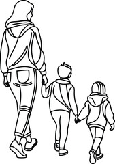 Mother walking hand in hand with two children in outlined black and white illustration