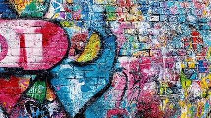 Obraz premium Colorful graffiti art on brick wall, urban background, street art texture