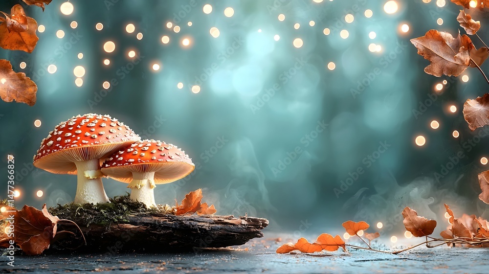Poster photograph of a pair of glowing mushrooms in a misty enchanted forest with soft golden light beautif