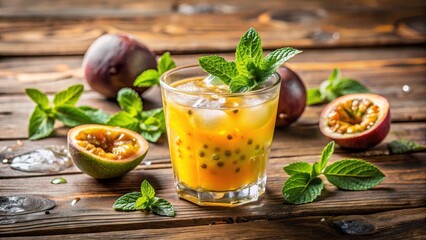 Fototapeta premium Fresh passion fruit juice poured into a glass with a sprig of fresh mint leaves and ice cubes on a wooden table