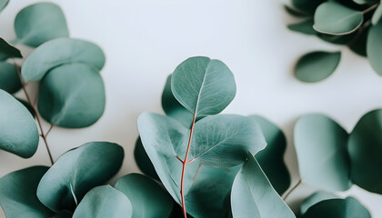 Fototapeta premium Serene eucalyptus leaves on white background; minimalist botanical image ideal for wellness, spa, or beauty branding.