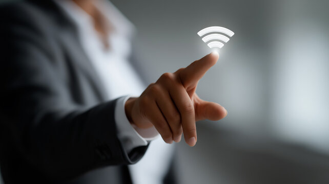 Businessman Tapping Virtual Wi-Fi Icon
