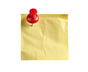 Yellow sticky note pinned with a red thumbtack for reminders on a transparent background, cut out