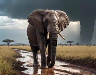 Obraz premium A realistic image of an African elephant walking in heavy rain on the savannah