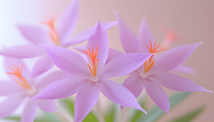 Fototapeta premium Delicate pastel purple crocus flowers in soft focus, showcasing intricate details and gentle light. Perfect for feminine designs, spring themes, and calming aesthetics.
