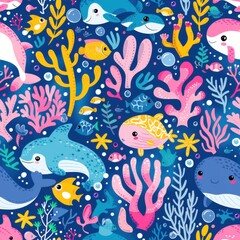 seamless pattern of playful marine animals, bright coral reefs, and bubbles, kawaii pastel style