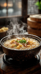 Steaming bowl of Chinese congee with toppings, showcasing warm and inviting atmosphere. dish is rich texture and flavor, perfect for comfort food