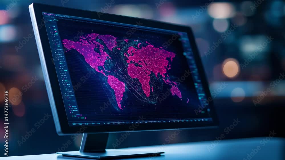 Aufkleber illuminated digital world map displayed on a sleek monitor in a modern tech environment