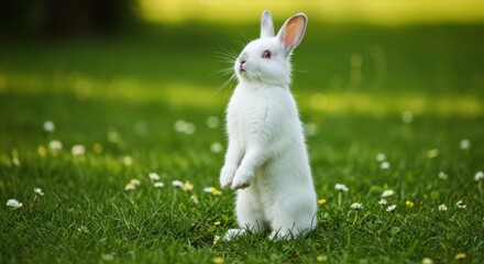 Adorable white bunny rabbit standing tall in a lush green meadow wildflowers surround it a captivating spring scene