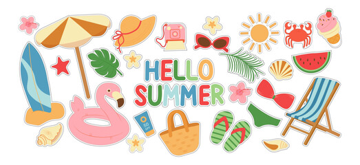  Big vector summer set. Hello summer. Ice cream, swimsuit, inflatable circle, sun cream, flowers, shells. Collection of summer elements for scrapbooking. Hand drawn style. Summer poster
