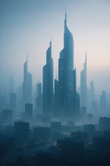 Naklejka premium Futuristic Cityscape Featuring Sleek Skyscrapers Amidst Misty Urban Landscape Showcasing Innovative Architecture and Sustainable Urban Planning