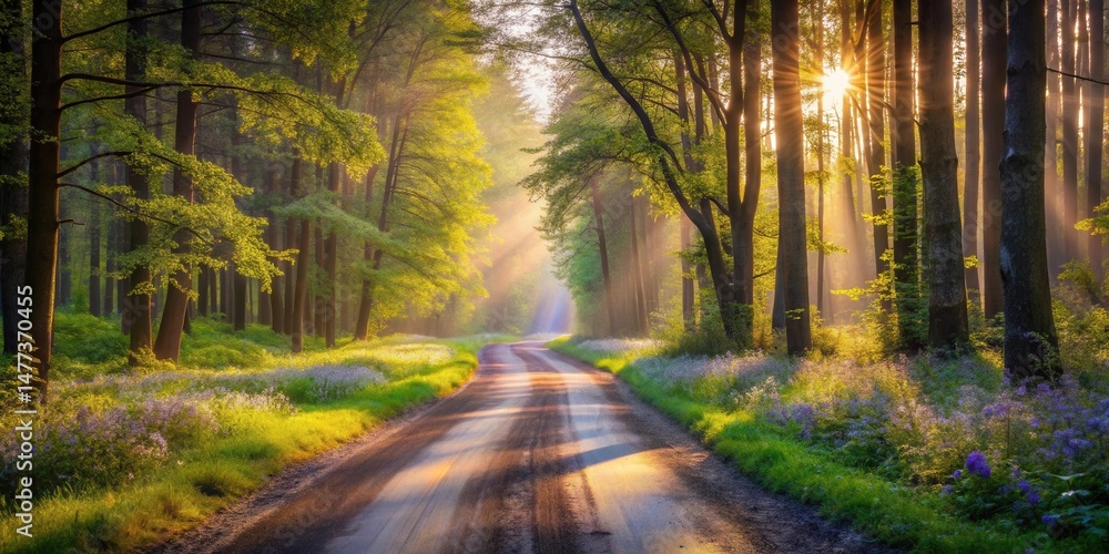 Poster Sunlit Path Through a Verdant Forest at Dawn, Illuminated by Golden Rays Filtering Through Lush Canopies and Wildflowers