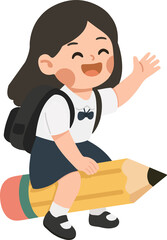 Fototapeta premium Illustration of School Girl Riding Pencil happy cartoon